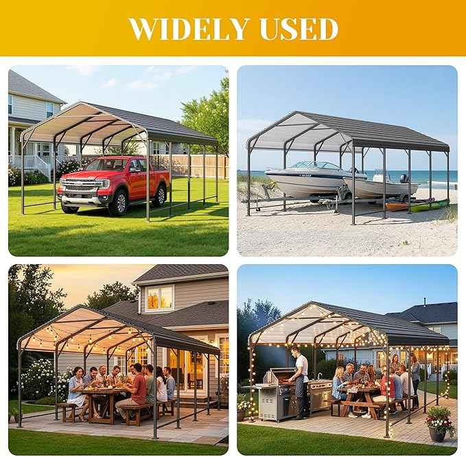 12' x 20' Carport, Heavy Duty Carport with Updated Roof & Enhanced Base, All Weather Steel Car Port, Multi-Use Car Port Garage, Metal Carports for Car, Truck, Boat, Tractors, Party, Grey