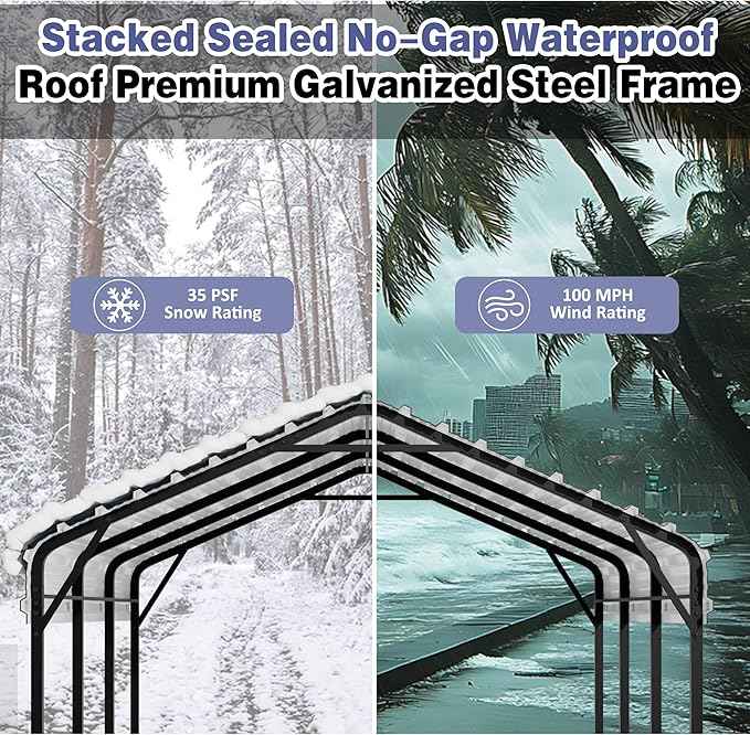 JY QAQA 12 x 15 FT Metal Carport Kits with Galvanized Steel Roof, Heavy Duty Metal Carport Canopy, Outdoor Car Tent Garage Shelter for Car, SUV, Truck and Boats