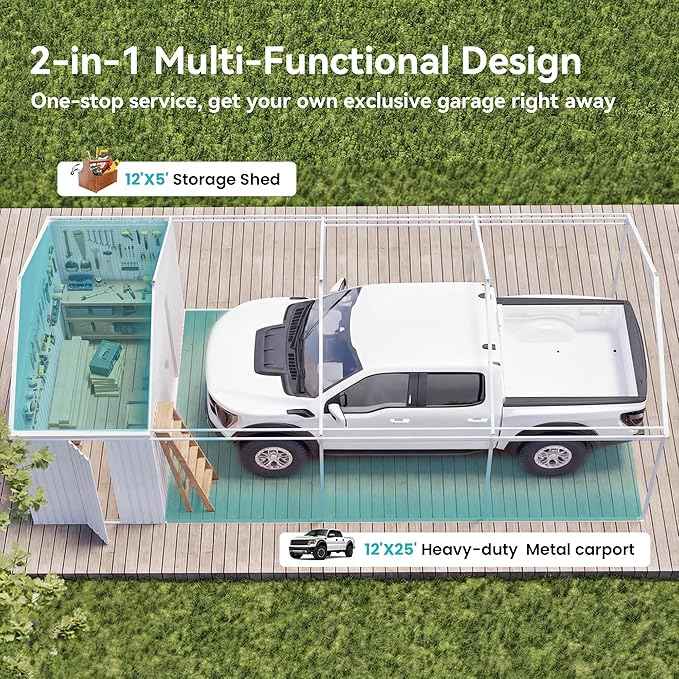 COSIEST 12x25 FT 2-in-1 Carport Storage Shed with Added Enclosed Storage Room, Heavy Duty Galvanized Metal Frame, All-Weather Use for Cars, Full-Sized Pickup Trucks, SUVs