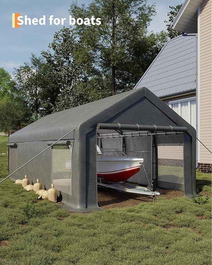 GarveeLife 13x25 ft Portable Garage, Car Port with 220 g PE Tarp Cover, with Front & Rear Roll-Up Doors and 4 Windows, for Temporary Paint Booth, Boats&Pickups Shed, and Event Shelter, Gray