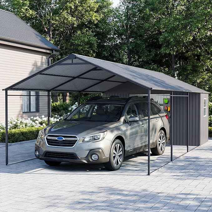 COSIEST 12x25 FT 2-in-1 Carport Storage Shed with Added Enclosed Storage Room, Heavy Duty Galvanized Metal Frame, All-Weather Use for Cars, Full-Sized Pickup Trucks, SUVs