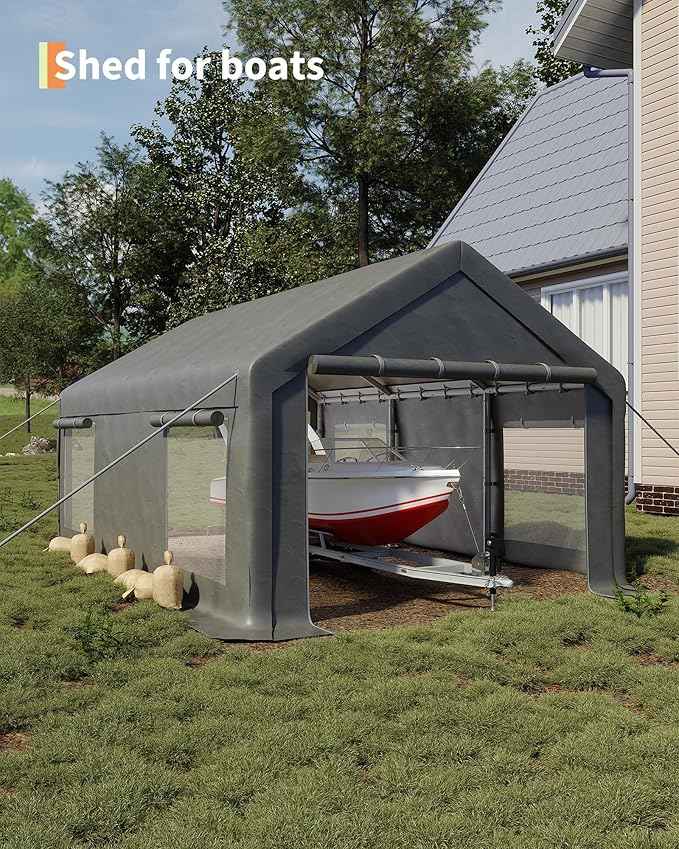 GarveeLife 12x20 ft Portable Garage, Car Port with 200 g PE Tarp Cover, with Front & Rear Roll-Up Doors and 4 Windows, for Temporary Paint Booth, Boats&Pickups Shed, and Event Shelter, Gray