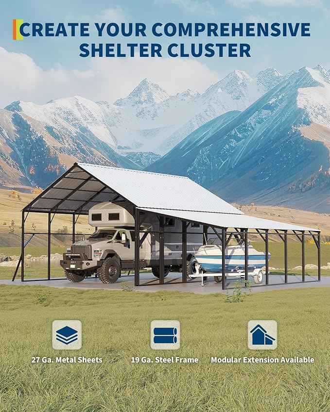 Garvee 12x25 ft Lean-to Metal Carport, Vertical Roof Wall-Mounted Car Port for Snow Shedding, Heavy-Duty 19-Ga. Steel Frame, 107" to 78" Height for Long-Bed Pickup & SUV