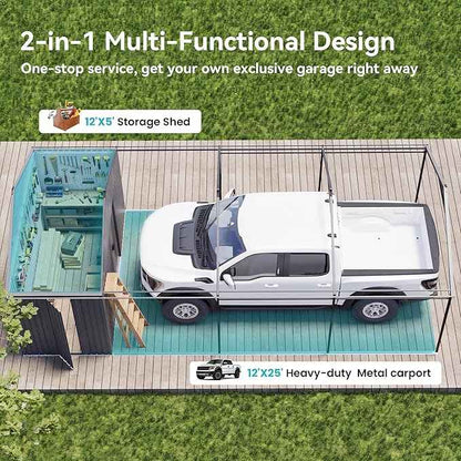 COSIEST 12x25 FT 2-in-1 Carport Storage Shed with Added Enclosed Storage Room, Heavy Duty Galvanized Metal Frame, All-Weather Use for Cars, Full-Sized Pickup Trucks, SUVs