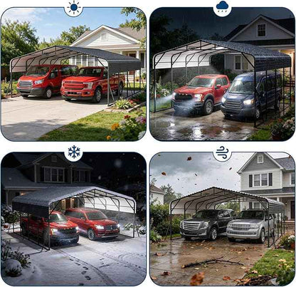 20x20FT Heavy Duty Metal Carport w/Led Light,Outdoor Portable Car Garage,Reinforced Base & Galvanized Steel Roof, Outdoor Car Port Canopy Shelter for Boats, Full-Sized Pickup Trucks