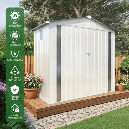 6X3.5 FT Outdoor Storage Shed with Window, Metal Garden Sheds w/Lockable Door and Vents, Waterproof Steel Tool House for Backyard, Patio, Lawn, Sundries & Utility Storage, White