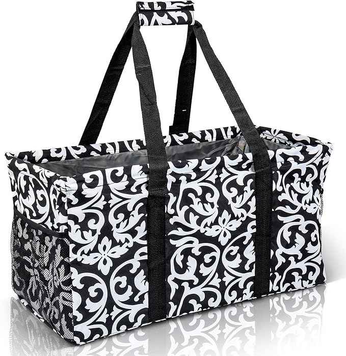 Extra Large Utility Tote Bag - Oversized Collapsible Reusable Wire Frame Rectangular Canvas Basket With Two Exterior Pockets For Beach, Pool, Laundry, Car Trunk, Storage - Damask Black
