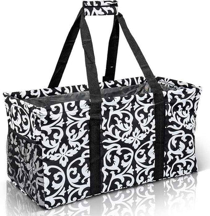Extra Large Utility Tote Bag - Oversized Collapsible Reusable Wire Frame Rectangular Canvas Basket With Two Exterior Pockets For Beach, Pool, Laundry, Car Trunk, Storage - Damask Black