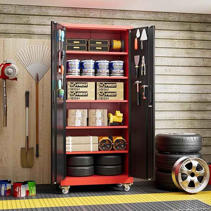 Aobabo Metal Garage Storage Cabinets with Wheels,Steel Cabinets with 5 Adjustable Shelves for Garage Home Office Storage, Red-Black,Assembly Required