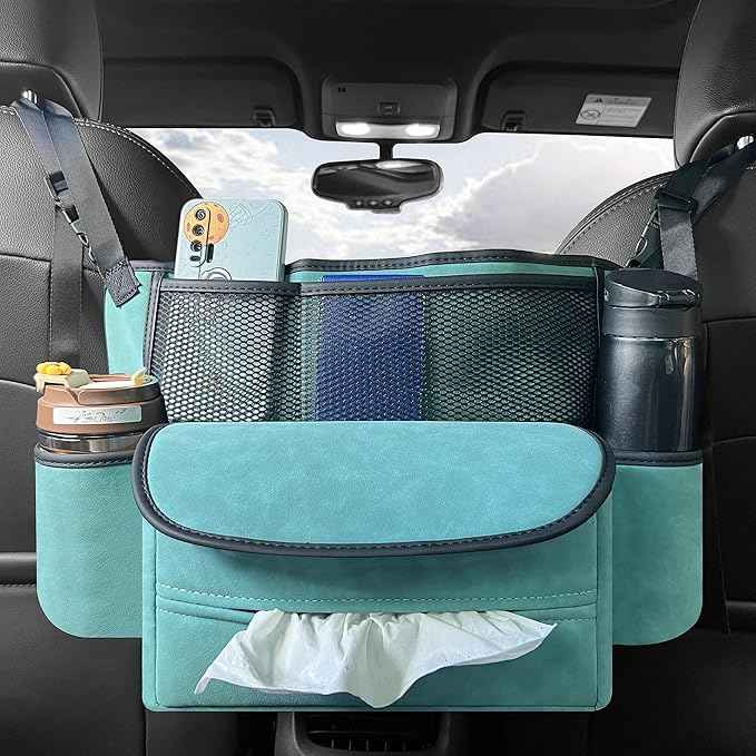 JEYODA Car Suede Seat Organizer High-capacity Seat Back Pouch Central Storage for Pickup SUVs Double-sided Tissue Storage Handbag Holder Car Accessories (Blue)