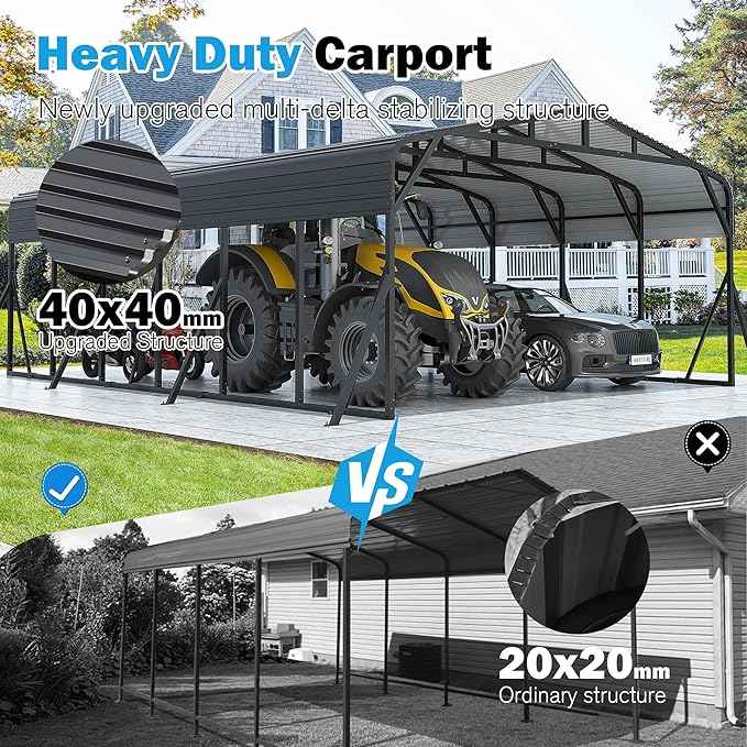 Carport Canopy 20’X30’ Heavy Duty Car Port Galvanized Steel Roof, Reinforced Stable Triangle Frame for Snowy Windy Metal Carports Enhanced Base Car Tent for Car,RV,Pickup,Boat,Truck,Tractor