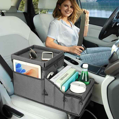 Car Seat Organizer, Backseat Car Organizer with Cup Holder Tray and Storages for Kids and Adults, Portable Travel Cooler for Car for Front or Back Seat Passenger Organizer Ccompartment (Grey)