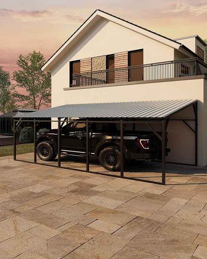 Garvee 12x25 ft Lean-to Metal Carport, Vertical Roof Wall-Mounted Car Port for Snow Shedding, Heavy-Duty 19-Ga. Steel Frame, 107" to 78" Height for Long-Bed Pickup & SUV