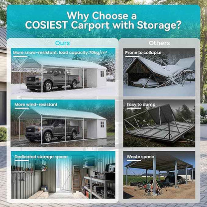 COSIEST 12x25 FT 2-in-1 Carport Storage Shed with Added Enclosed Storage Room, Heavy Duty Galvanized Metal Frame, All-Weather Use for Cars, Full-Sized Pickup Trucks, SUVs