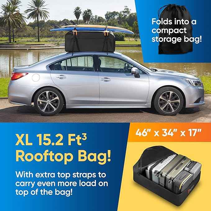 Waterproof Car Roof Bag - Car Rooftop Cargo Carrier Bag – 15 Cubic Ft Roof Rack Cargo Carrier, Includes Anti-Slip Mat, 4 Door Hooks, Reinforced Zipper/Buckle, with or Without Rack