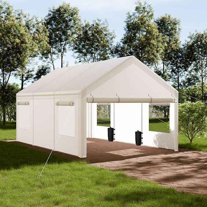Shintenchi Portable Garage Canopy,10x20 FT Heavy-Duty Design Carport,Carport Canopy with Side-Opening Removable Door & Roll-Up Window,Portable Car Port for Car, Truck, Boat,White