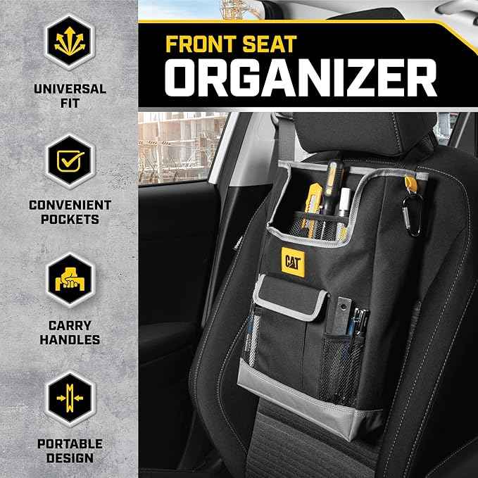CAT® Car Seat Organizer for Cars Trucks SUVs, Removable Portable On-The-Go, Securely Attaches to Front or Rear Seats, Adjustable Straps, Car Accessories Compact Caddy for Travel Driving - Black