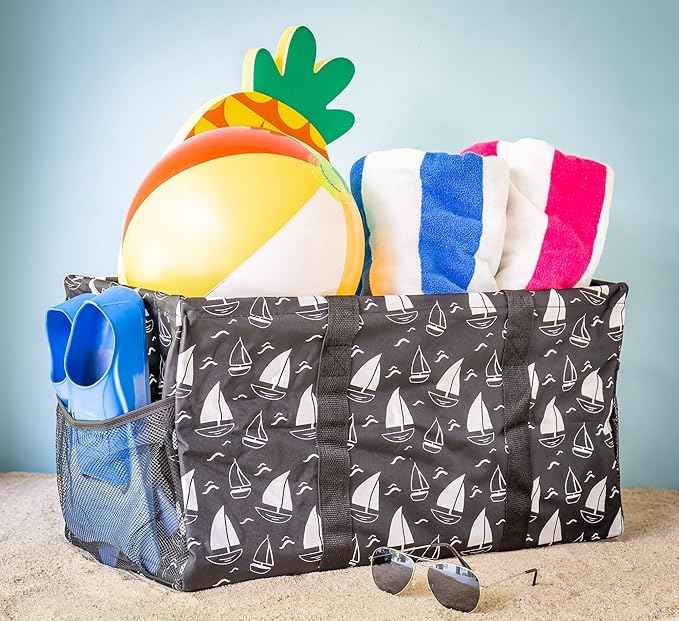 Extra Large Utility Tote Bag - Oversized Collapsible Reusable Wire Frame Rectangular Canvas Basket With Two Exterior Pockets For Beach, Pool, Laundry, Car Trunk, Storage - Sailboat