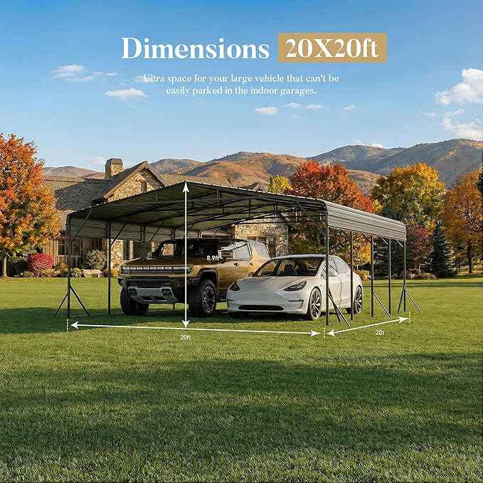 20x20 FT Heavy Duty Metal Carport Kit, Waterproof Windproof Aluminum Car Ports with Steel Shelter Frame Cover for 2 Car or Boats, Easy Assembly Tractor/Car Storage