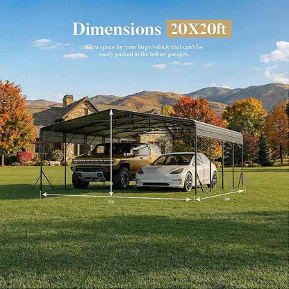 20x20 FT Heavy Duty Metal Carport Kit, Waterproof Windproof Aluminum Car Ports with Steel Shelter Frame Cover for 2 Car or Boats, Easy Assembly Tractor/Car Storage