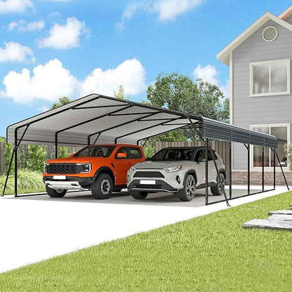 Heavy Duty Metal Carport, 20x20FT Carport Canopy with Galvanized Steel Roof and Reinforced Frame, 4 Support Rods, Outdoor Garage Car Shelter Shade for 2 Cars, Boats and Truck, Party, Gray