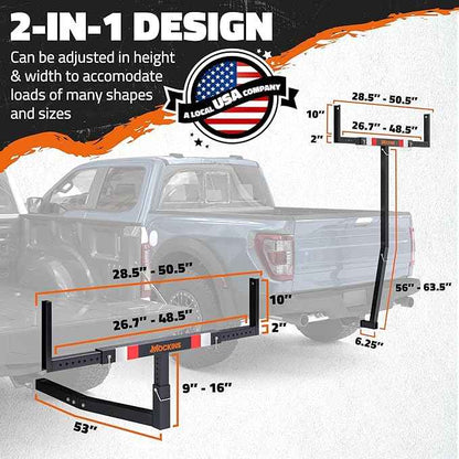 Mockins 750 Lbs Cap Truck Bed Extender Hitch Mount | 2-in-1 All-Weather Steel Canoe Rack & Kayak Trailer w/Stabilizer & Straps | Versatile Bed Extenders for Trucks & SUVs for Ladders, Pipes & Lumber