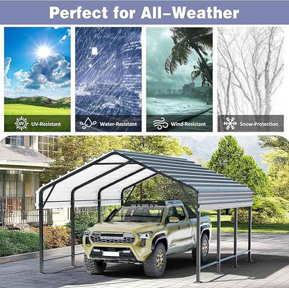 JY QAQA 12 x 15 FT Metal Carport Kits with Galvanized Steel Roof, Heavy Duty Metal Carport Canopy, Outdoor Car Tent Garage Shelter for Car, SUV, Truck and Boats