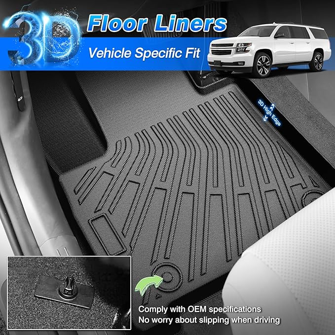 Floor Mats for 2015-2020 Chevy/Chevrolet Suburban & GMC Yukon XL 8 Seats, All Weather Cargo Liner for Suburban Accessories, Heavy Duty TPE Cargo Mats, Car Accessories