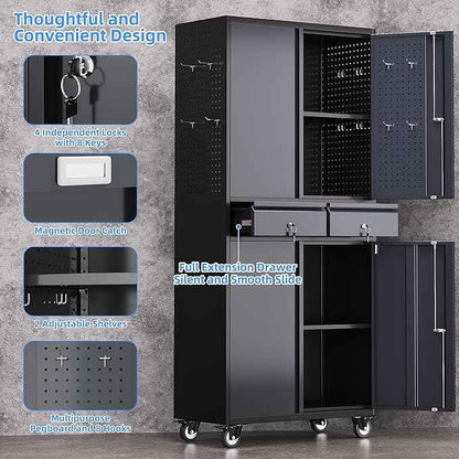 Aobabo Garage Storage Cabinet with 2 Drawers, Metal Storage Cabinet with Wheels for Garage Home,Assembly Required,Black&Dark Grey