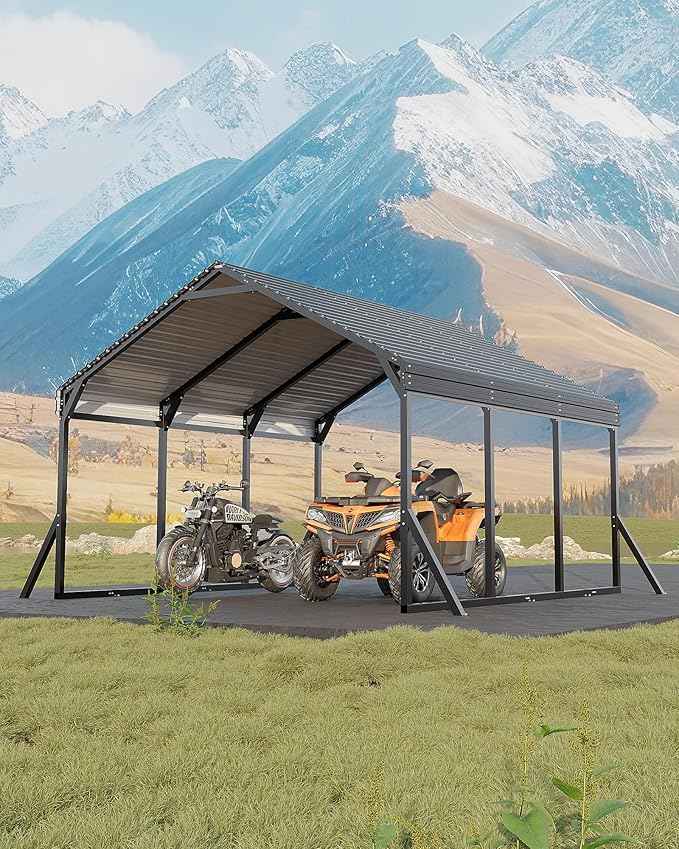 Garvee 12x13x9 ft Metal Carport, Car Port with Reinforced Frame and Steel Roof for All-Weather Use, Permanent Shelter for Cars, Motorcycles, ATVs, or Boats