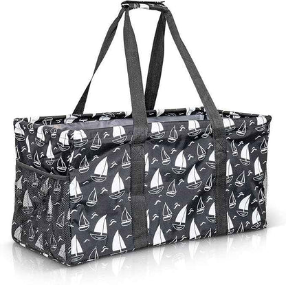 Extra Large Utility Tote Bag - Oversized Collapsible Reusable Wire Frame Rectangular Canvas Basket With Two Exterior Pockets For Beach, Pool, Laundry, Car Trunk, Storage - Sailboat