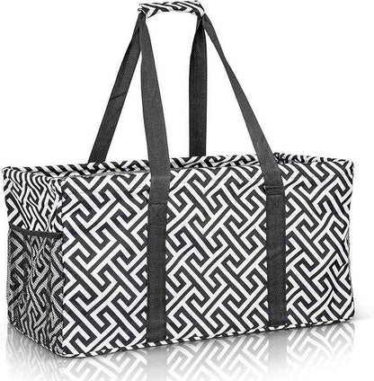 Extra Large Utility Tote Bag - Oversized Collapsible Reusable Wire Frame Rectangular Canvas Basket With Two Exterior Pockets For Beach, Pool, Laundry, Car Trunk, Storage - Geometrc Black