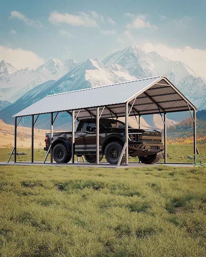Garvee 13x26 ft Metal Carport Kit, 120° Steep-Pitch Vertical Roof for Snow Shedding, 133" High-Clearance RV & Boat Shelter, Heavy-Duty Long-Reach Car Port with Reinforced Frame