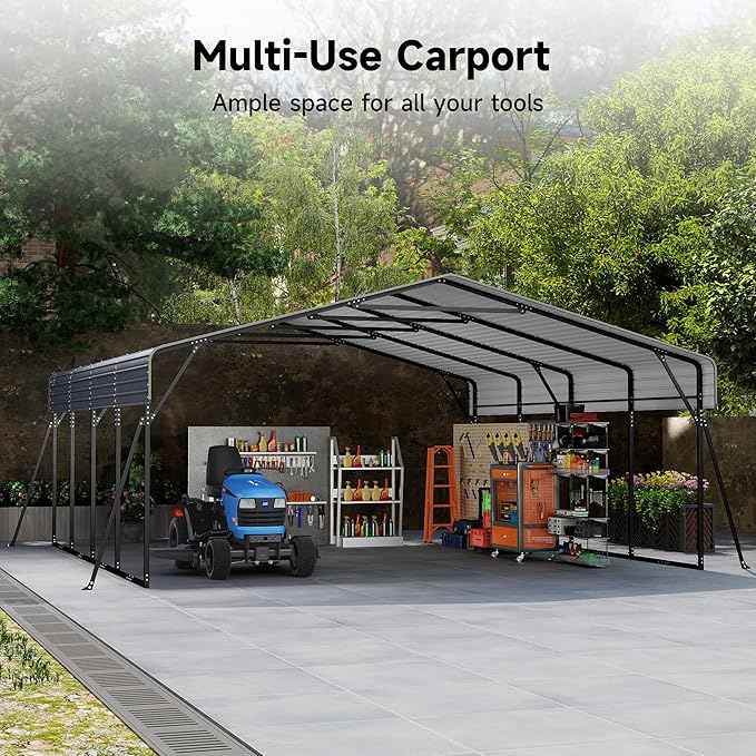 20x20FT Heavy Duty Metal Carport with Galvanized Steel Roof and Frame, Multi-Use Large Outdoor Garage Shelter with 4 Reinforced Supports for 2 Car,SUV,Truck Storage,Gray