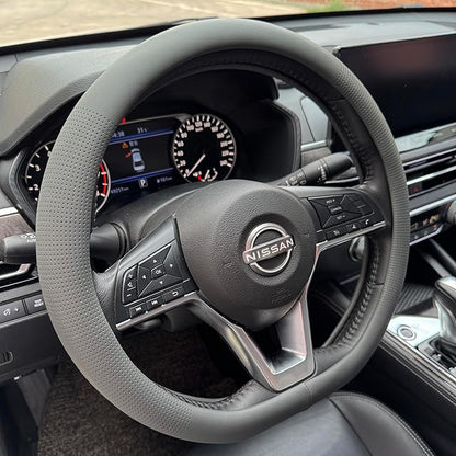 PINCTROT D Shaped Nappa Leather Steering Wheel Cover, Slim Fit No Bulk Design, One Piece Leather with Breathable Perforation, Fit Like Gloves, Flat Bottom 14.5-15 Inch(Nappa Dark Gray)