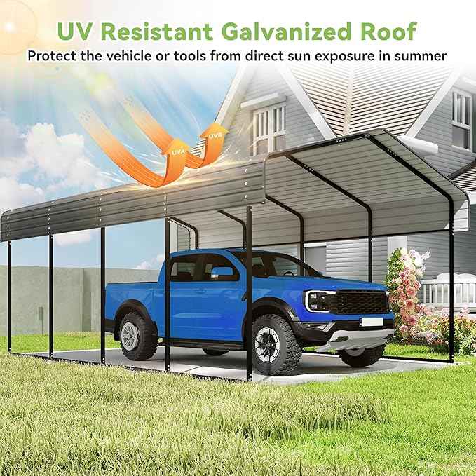 12x20FT Metal Carport,Heavy Duty Carport with Reinforced Frame and Galvanized Steel Roof, Large Outdoor Garage Shelter Shade Car Port for Pickup Trucks, Boats, Cars & Tractors, Farm Tools, Party,Gray