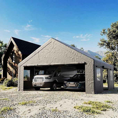 COSIEST 20'×20' Storage Shelter Outdoor Gable Roof Carport with Removable Side Walls, Heavy-Duty Garage Canopy Weatherproof PE Cover, Multi-Purpose Vehicle/Tractor Shed for Backyard/Driveway（Gray）