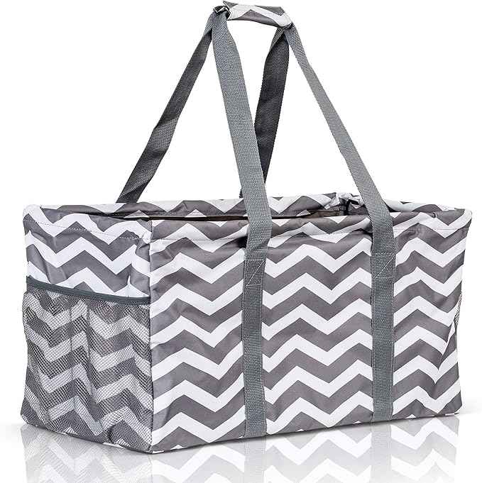 Extra Large Utility Tote Bag - Oversized Collapsible Reusable Wire Frame Rectangular Canvas Basket With Two Exterior Pockets For Beach, Pool, Laundry, Car Trunk, Storage - Chevron Gray