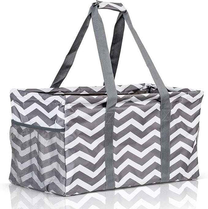 Extra Large Utility Tote Bag - Oversized Collapsible Reusable Wire Frame Rectangular Canvas Basket With Two Exterior Pockets For Beach, Pool, Laundry, Car Trunk, Storage - Chevron Gray