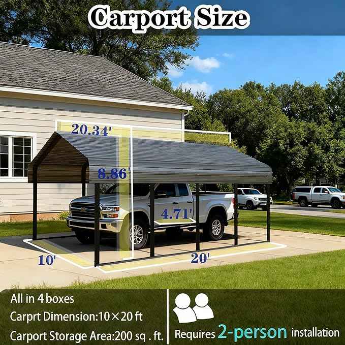 Heavy Duty Metal Carport 10x20 ft Galvanized Steel Carport Shelter for Car Extra Large Canopy for Dual Vehicle, RV Boat Storage All Weather Protection Garage Party Tent (10x20 FT)
