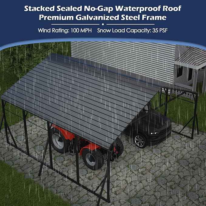 Xilingol Metal Carport, Heavy Duty Carport Canopy with Galvanized Steel Frame and Roof, Outdoor Storage Shed, Car Tent Garage Shelter for Pickup, Truck, Boat and Tractor (20x20 FT Black)