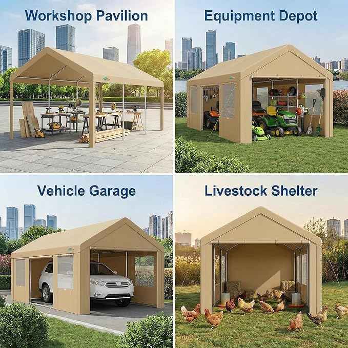 COBIZI 12x20 FT Heavy Duty Carport with Galvanized Frame, Carport Canopy with Roll-up Windows, Storage Tent with Removable Sidewalls & Doors, Built-in Sandbags for Car Boat Truck, Khaki