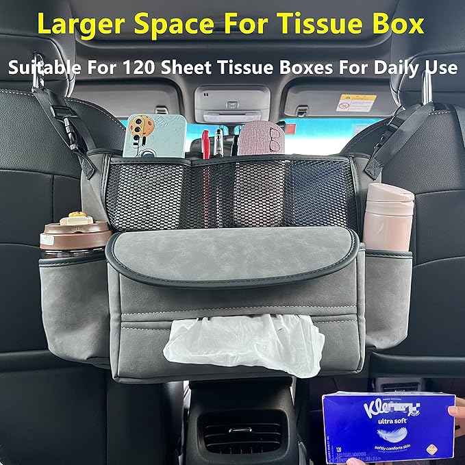 JEYODA Car Suede Seat Organizer High-capacity Seat Back Pouch Central Storage for Pickup SUVs Double-sided Tissue Storage Handbag Holder Car Accessories (Grey)