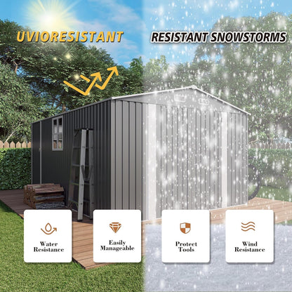 10x14x6.7FT Outdoor Storage Shed, Galvanized Steel Garden Shed with Lockable Door & Window, Waterproof Metal Tool Storage for Garden, Backyard, Patio, Lawn(Grey)