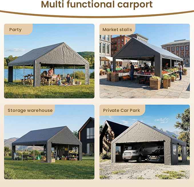 COSIEST 20'×20' Storage Shelter Outdoor Gable Roof Carport with Removable Side Walls, Heavy-Duty Garage Canopy Weatherproof PE Cover, Multi-Purpose Vehicle/Tractor Shed for Backyard/Driveway（Gray）