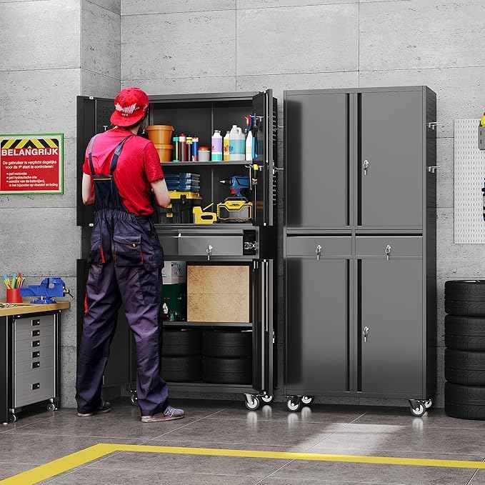 Aobabo Garage Storage Cabinet with Wheels, Metal Tool Storage Cabinet with 2 Drawers for Garage Home,Assembly Required,Black