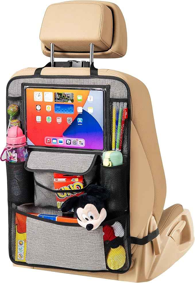Helteko Car Seat Organizer, Ultra Version Kids Backseat Car Organizers and Storage, Waterproof Back Seat Protector Kick Mats with Tablet Holder 12" Car Accessories Interior, Gray, 1 Pack