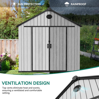 YITAHOME 8x10 FT Outdoor Storage Shed with Floor, Plastic Garden Shed for Bikes, Tools, Supplies, Waterproof Resin Shed with Lockable Doors, 2 Windows & 2 Vents for Patio, Backyard, 556 cu. Ft., Gray