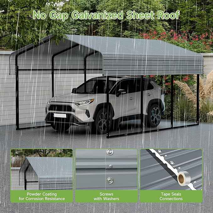 10x15FT Metal Carport,Heavy Duty Carport with Reinforced Frame and Galvanized Steel Roof, Outdoor Garage Shelter Shade Car Port for Pickup Trucks, Boats, Cars & Tractors, Farm Tools, Party, Gray