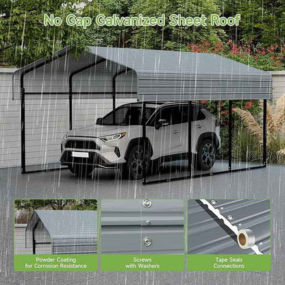 10x15FT Metal Carport,Heavy Duty Carport with Reinforced Frame and Galvanized Steel Roof, Outdoor Garage Shelter Shade Car Port for Pickup Trucks, Boats, Cars & Tractors, Farm Tools, Party, Gray